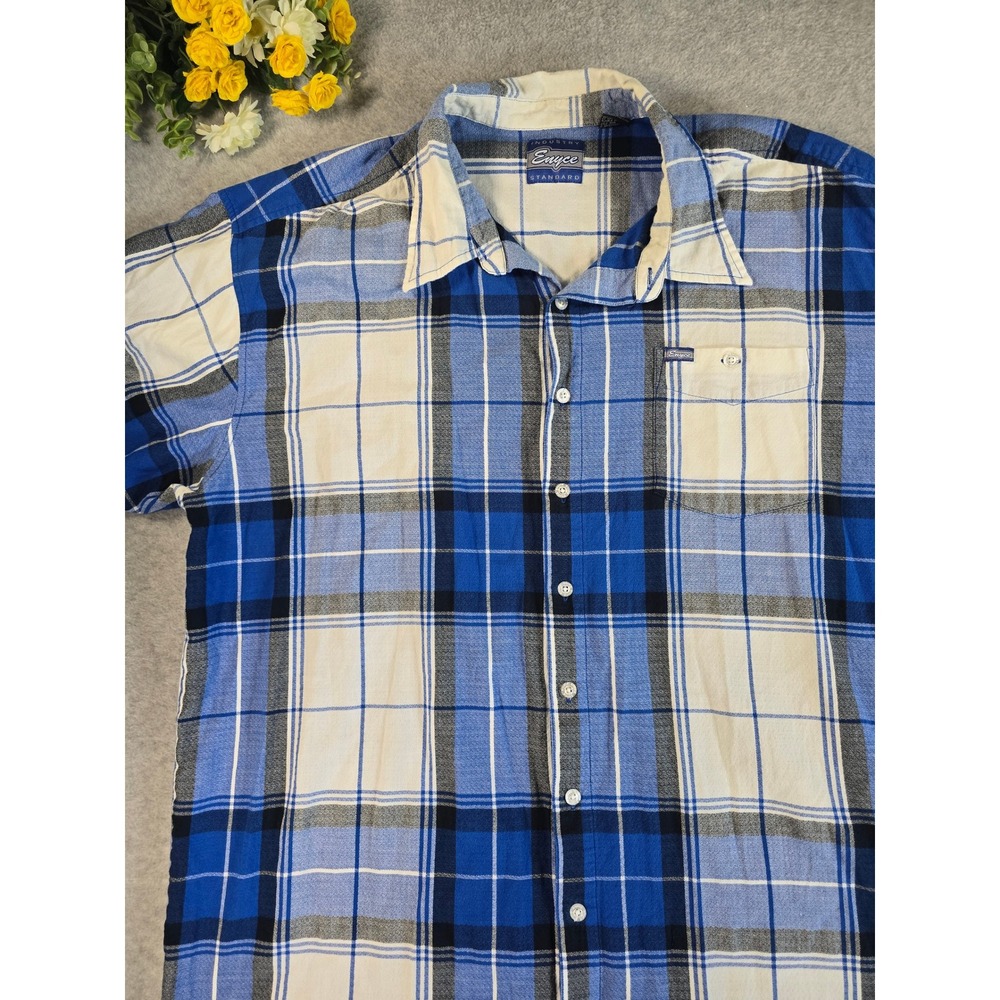 Enyce Industry Y2K Mens 3XL Blue White Plaid Short Sleeve Button Up Shirt Grunge